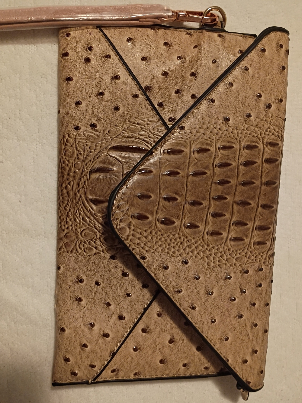 Textured Faux-Ostrich & Croc Envelope Wristlet Clutch - Tan